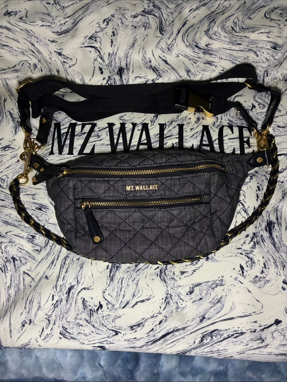 LIMITED EDITION MZWallace Quilted Charcoal Denim Small Crosby with Gold Hardware